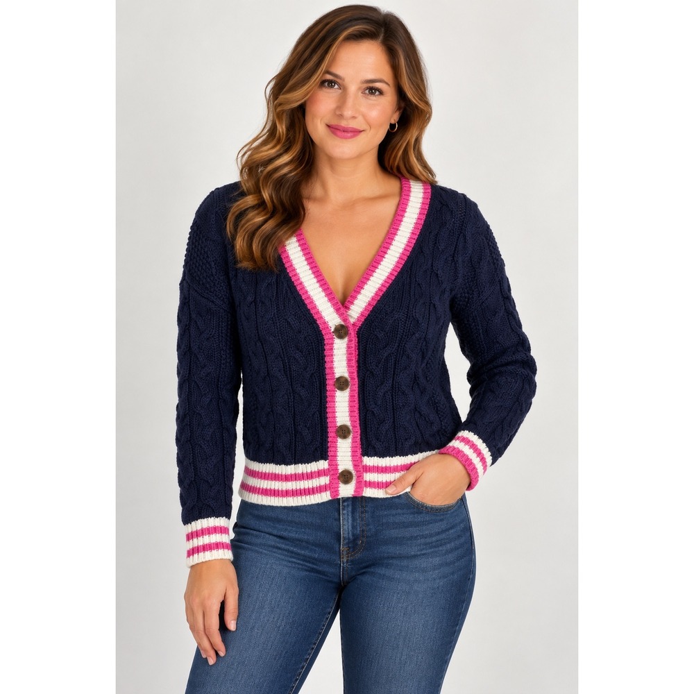Maeve Anthropologie Navy Cable Knit Cardigan Pink Stripe Trim V-Neck Sweater M